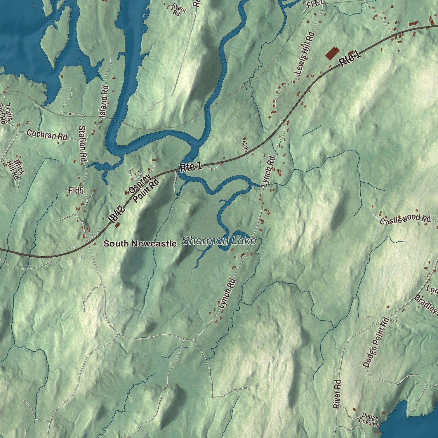 Terrain and local geography detail from the Newcastle, Maine map