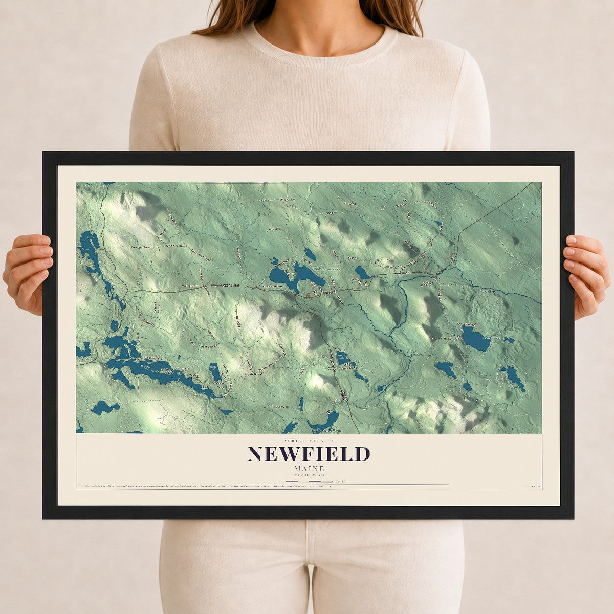 Newfield, Maine map print - 12 x 18 black Ayous wood frame