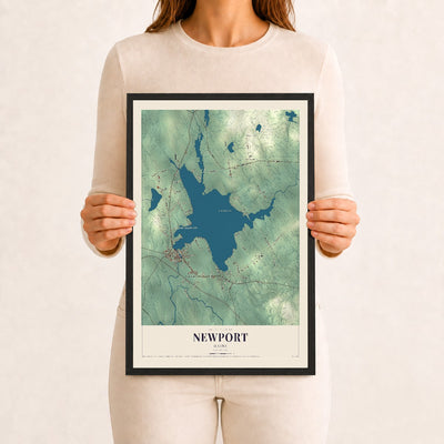 Newport, Maine map print - 12 x 18 black Ayous wood frame