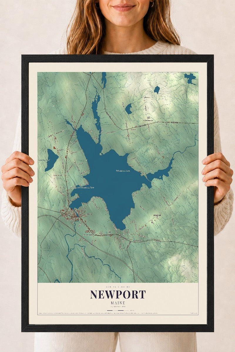 Newport, Maine map print - 18 x 24 black Ayous wood frame