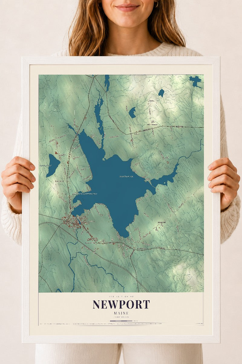 Newport, Maine map print - 18 x 24 white Ayous wood frame