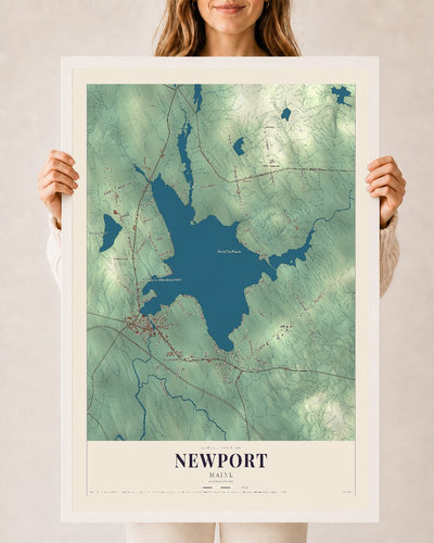 Newport, Maine map print - 24 x 36 white Ayous wood frame