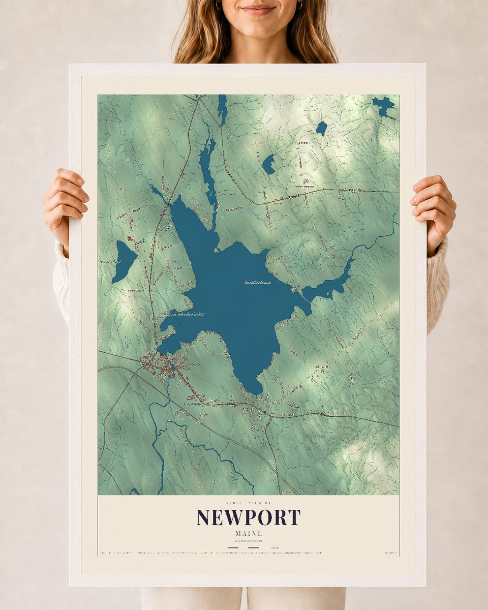 Newport, Maine map print - 24 x 36 white Ayous wood frame