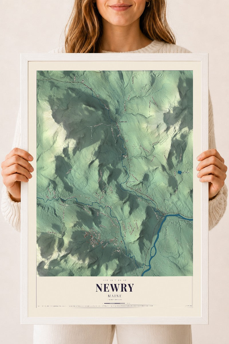 Newry, Maine map print - 18 x 24 white Ayous wood frame