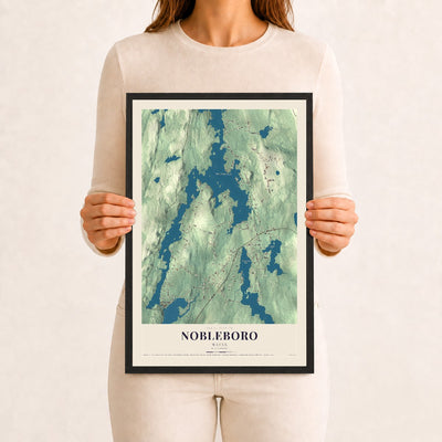 Nobleboro, Maine map print - 12 x 18 black Ayous wood frame