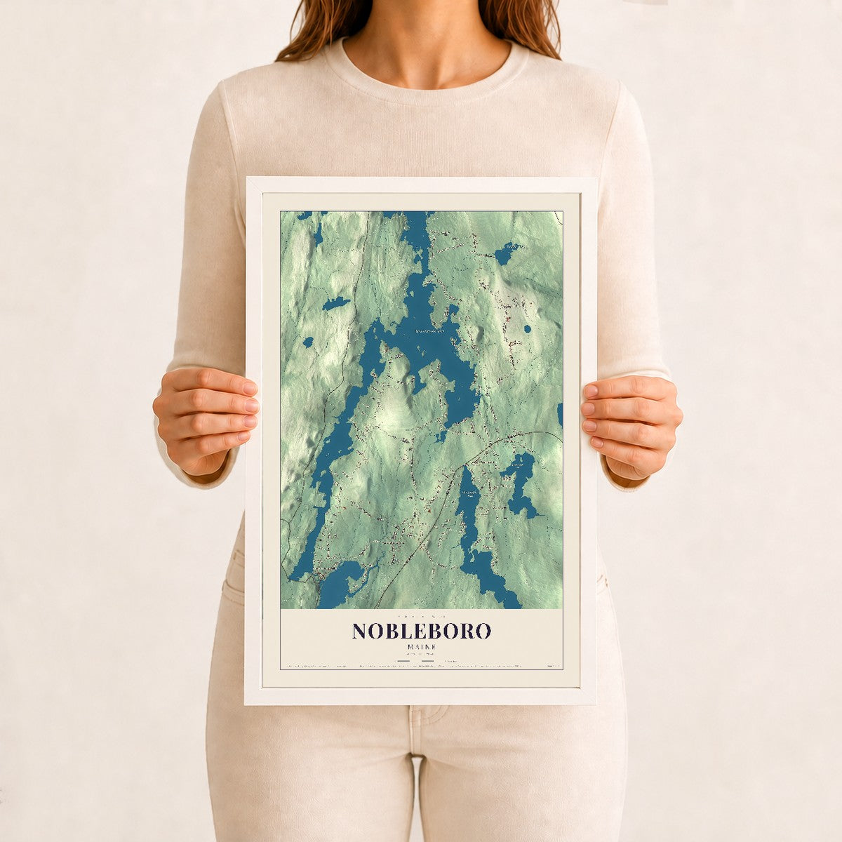 Nobleboro, Maine map print - 12 x 18 white Ayous wood frame