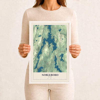 Nobleboro, Maine map print - 12 x 18 white Ayous wood frame