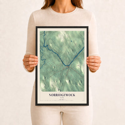Norridgewock, Maine map print - 12 x 18 black Ayous wood frame