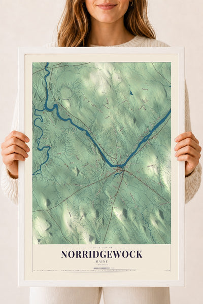 Norridgewock, Maine map print - 18 x 24 white Ayous wood frame