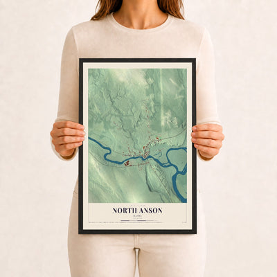 North Anson, Maine map print - 12 x 18 black Ayous wood frame