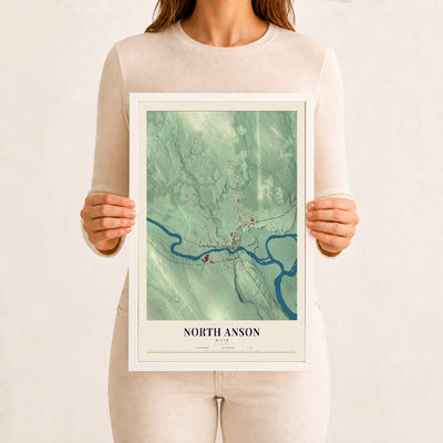 North Anson, Maine map print - 12 x 18 white Ayous wood frame