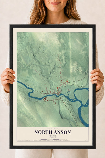 North Anson, Maine map print - 18 x 24 black Ayous wood frame
