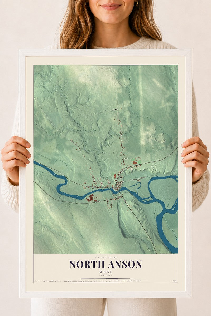 North Anson, Maine map print - 18 x 24 white Ayous wood frame