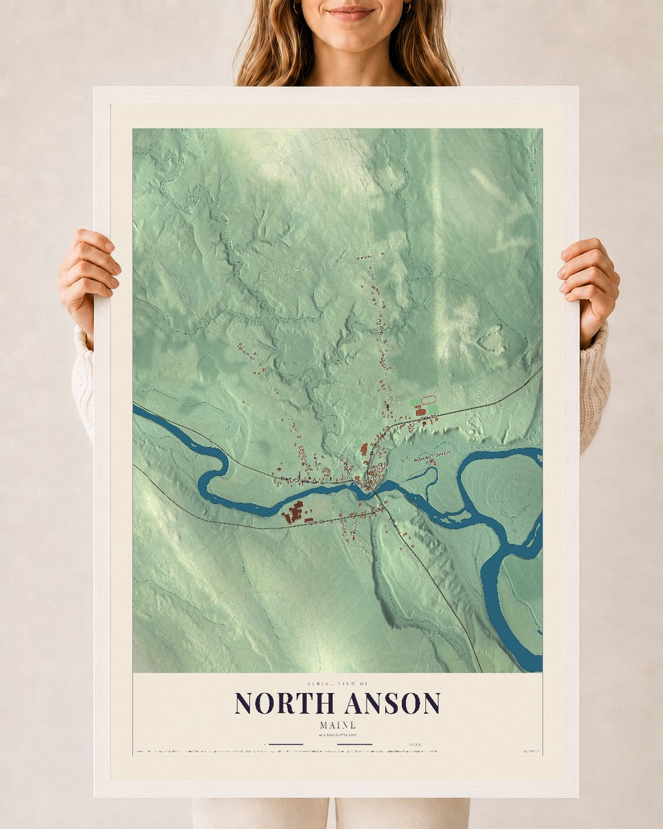 North Anson, Maine map print - 24 x 36 white Ayous wood frame