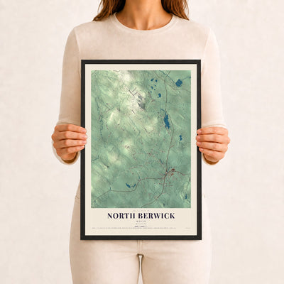 North Berwick, Maine map print - 12 x 18 black Ayous wood frame