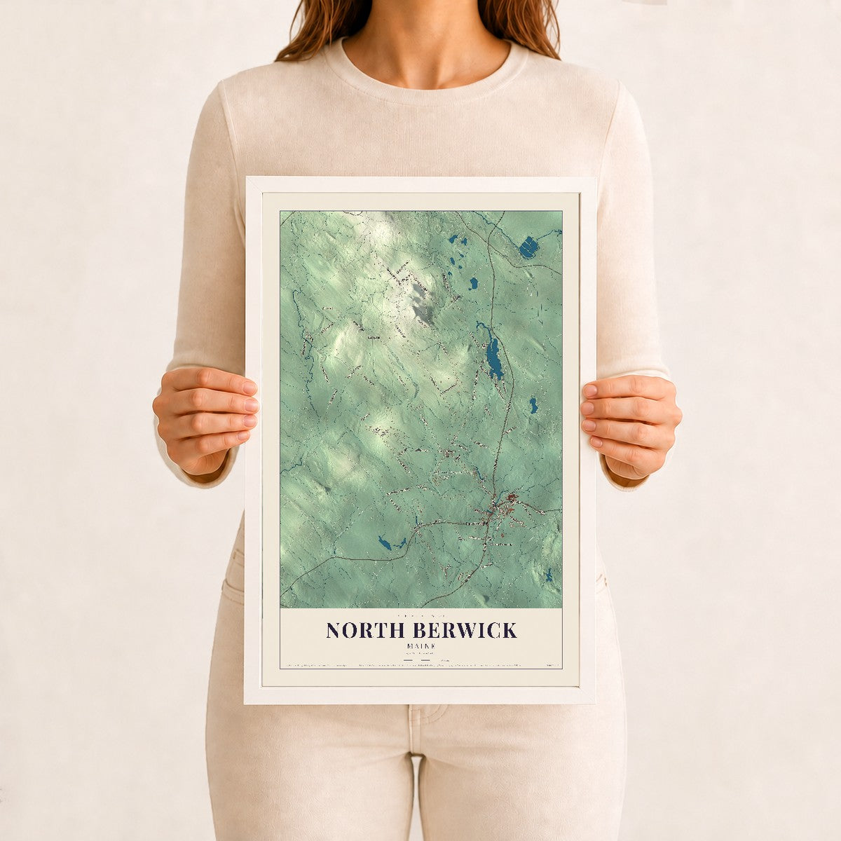 North Berwick, Maine map print - 12 x 18 white Ayous wood frame