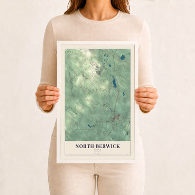 North Berwick, Maine map print - 12 x 18 white Ayous wood frame