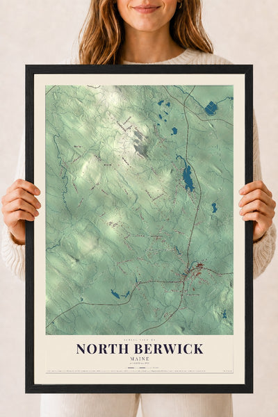 North Berwick, Maine map print - 18 x 24 black Ayous wood frame