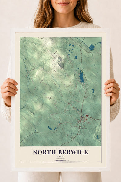 North Berwick, Maine map print - 18 x 24 white Ayous wood frame