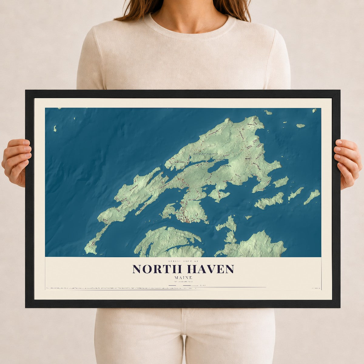 North Haven, Maine map print - 12 x 18 black Ayous wood frame