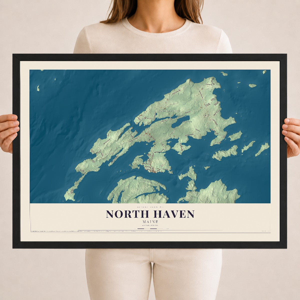 North Haven, Maine map print - 18 x 24 black Ayous wood frame