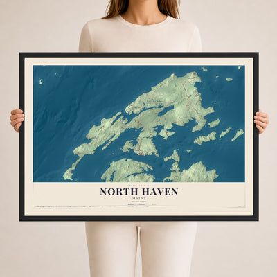 North Haven, Maine map print - 24 x 36 black Ayous wood frame