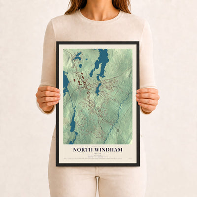 North Windham, Maine map print - 12 x 18 black Ayous wood frame