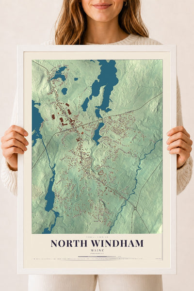 North Windham, Maine map print - 18 x 24 white Ayous wood frame