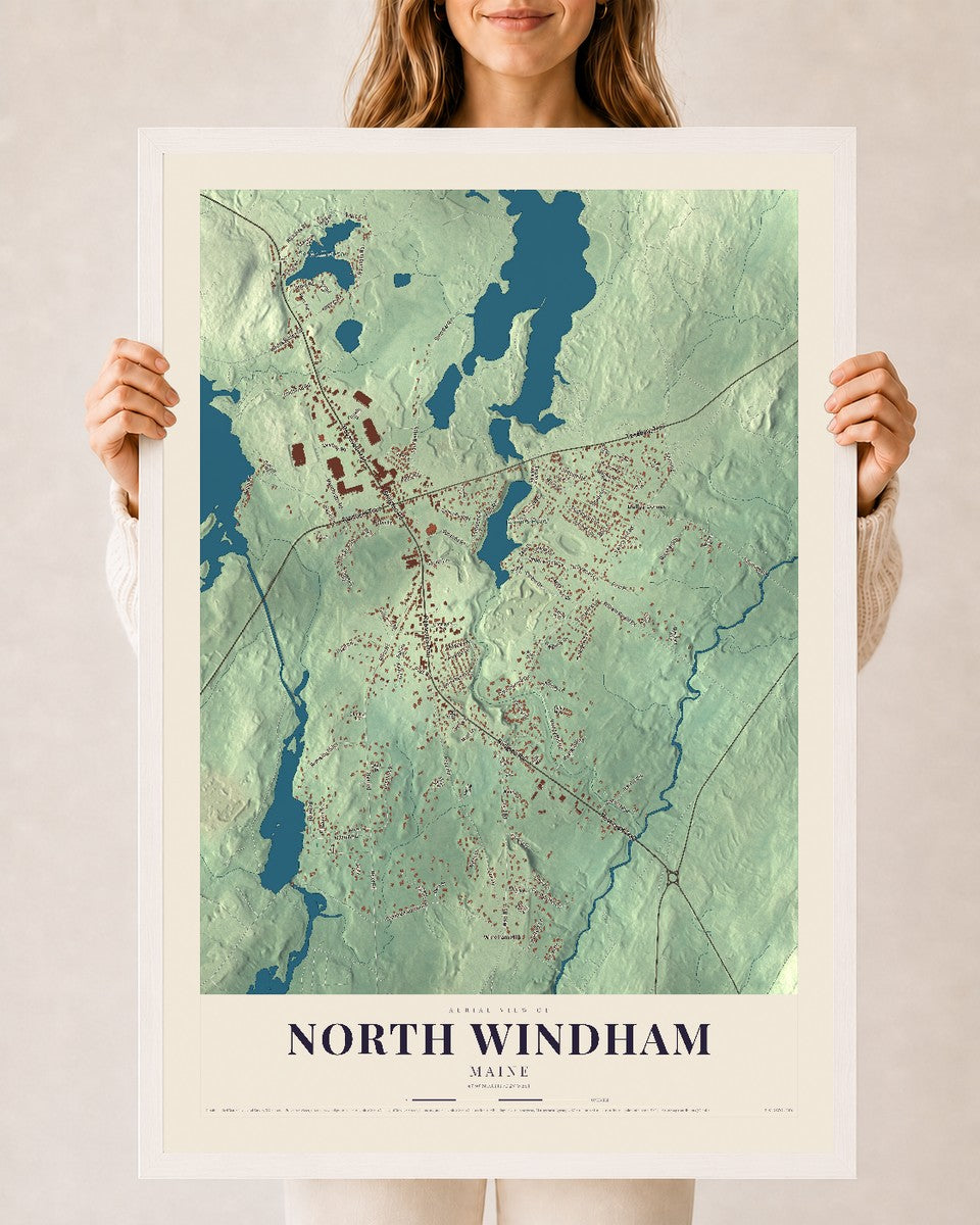 North Windham, Maine map print - 24 x 36 white Ayous wood frame