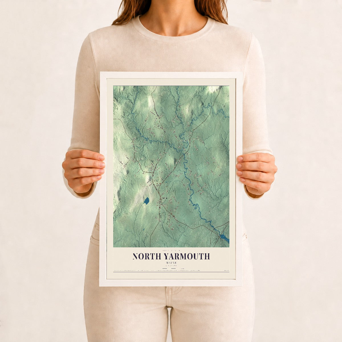 North Yarmouth, Maine map print - 12 x 18 white Ayous wood frame