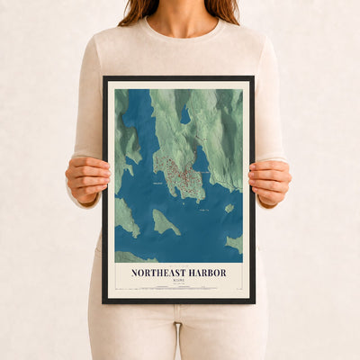 Northeast Harbor, Maine map print - 12 x 18 black Ayous wood frame