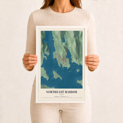 Northeast Harbor, Maine map print - 12 x 18 white Ayous wood frame