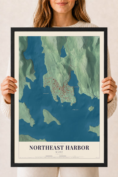 Northeast Harbor, Maine map print - 18 x 24 black Ayous wood frame