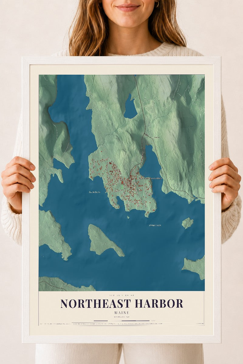 Northeast Harbor, Maine map print - 18 x 24 white Ayous wood frame