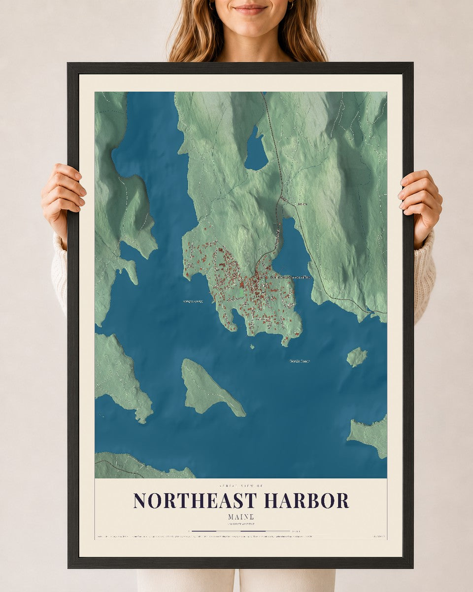 Northeast Harbor, Maine map print - 24 x 36 black Ayous wood frame