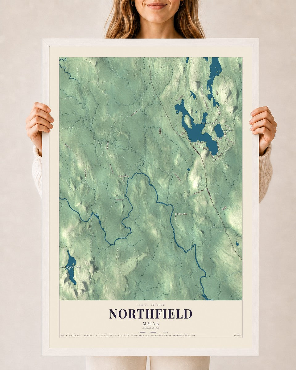Northfield, Maine map print - 24 x 36 white Ayous wood frame