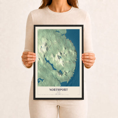 Northport, Maine map print - 12 x 18 black Ayous wood frame