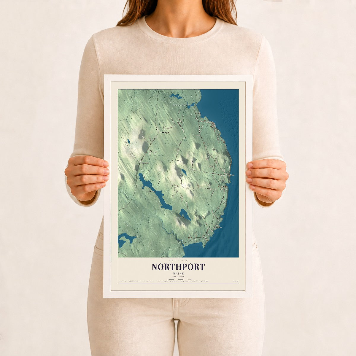 Northport, Maine map print - 12 x 18 white Ayous wood frame