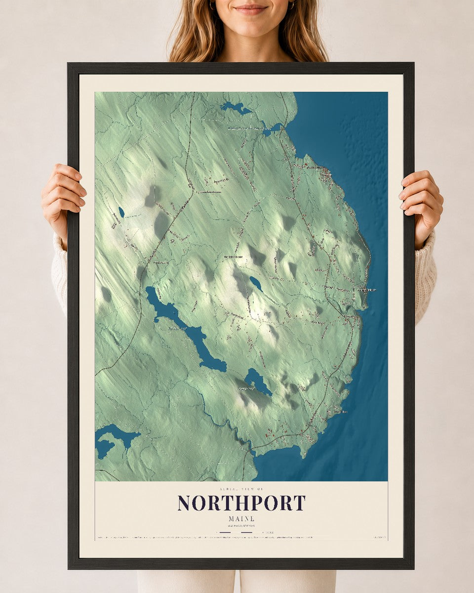 Northport, Maine map print - 24 x 36 black Ayous wood frame