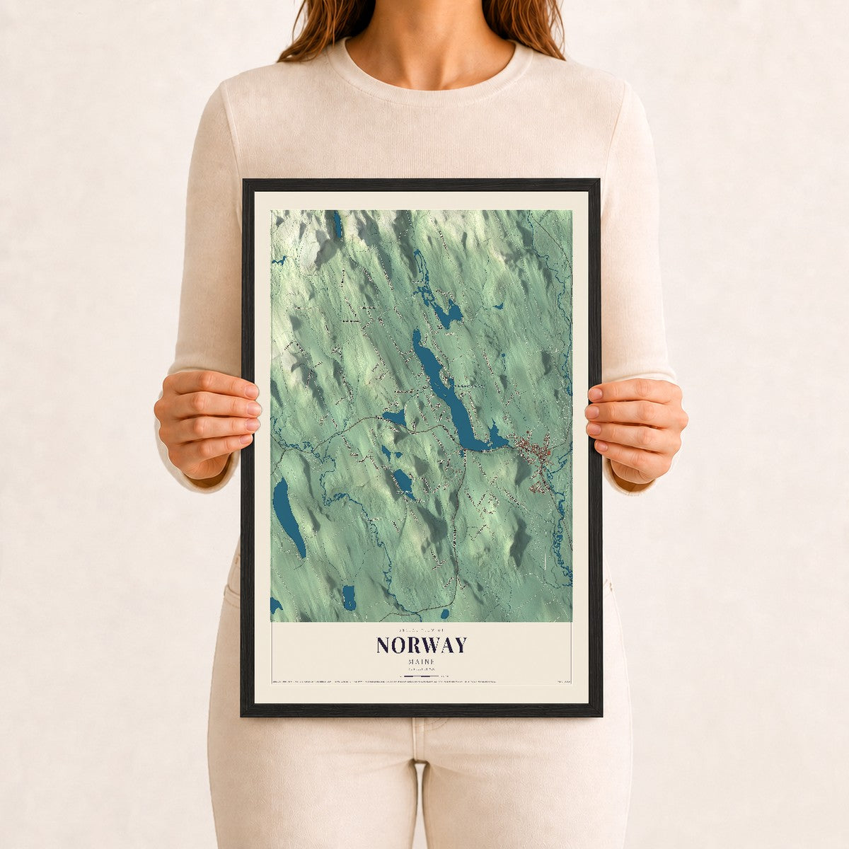 Norway, Maine map print - 12 x 18 black Ayous wood frame