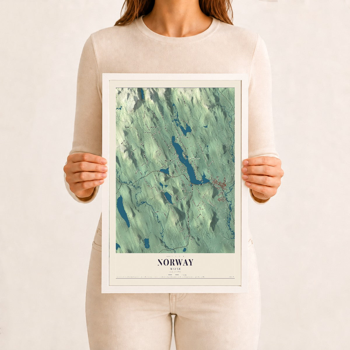 Norway, Maine map print - 12 x 18 white Ayous wood frame
