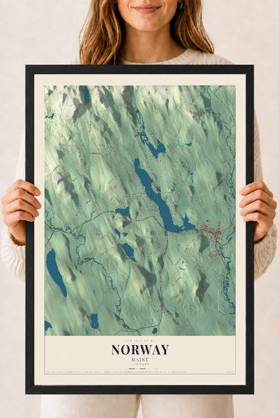 Norway, Maine map print - 18 x 24 black Ayous wood frame
