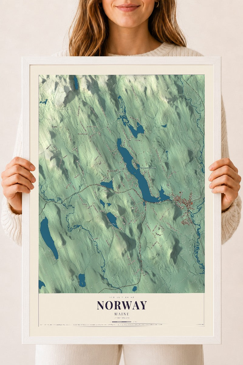 Norway, Maine map print - 18 x 24 white Ayous wood frame