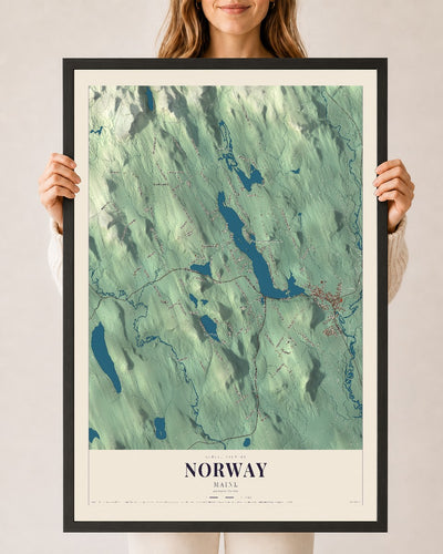 Norway, Maine map print - 24 x 36 black Ayous wood frame