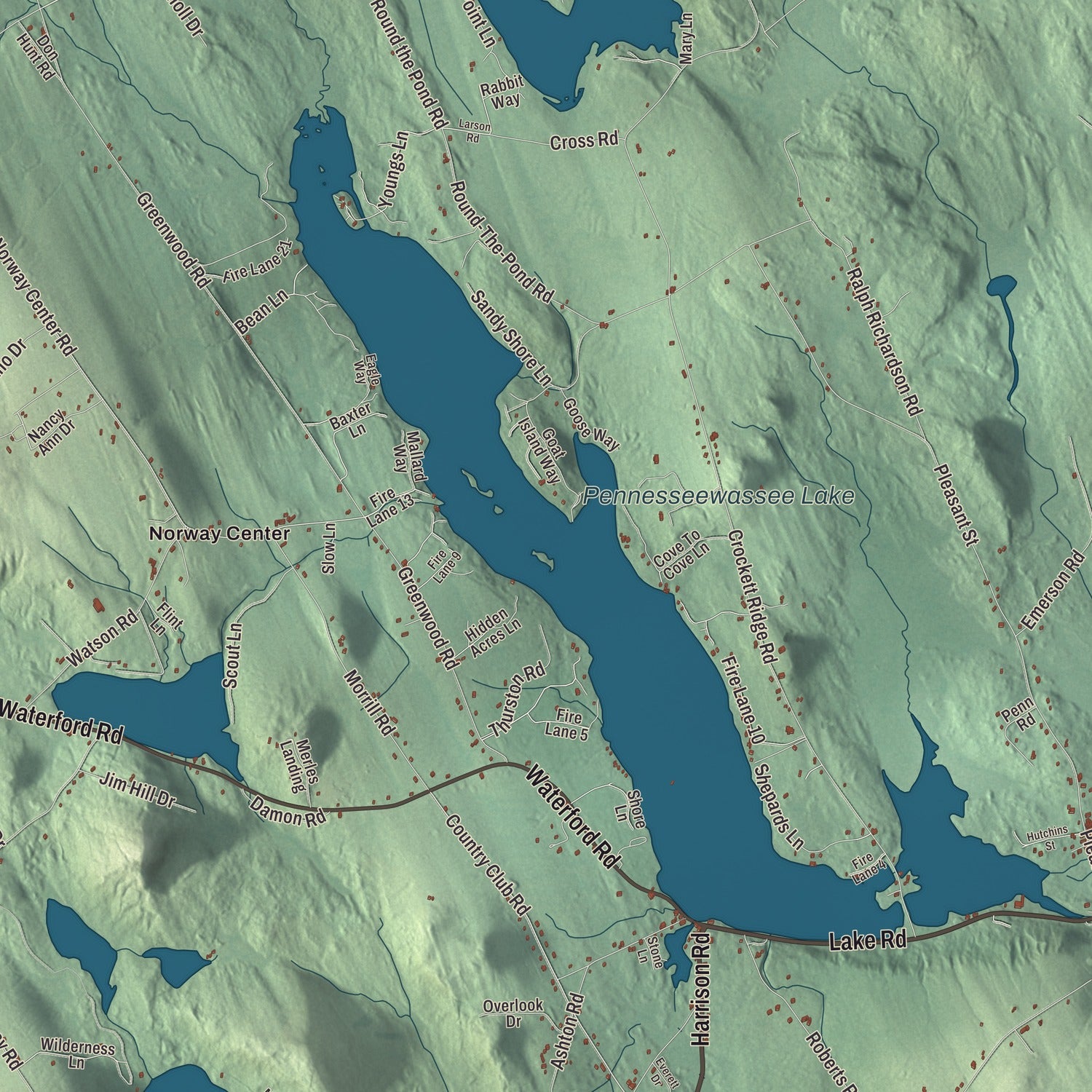 Terrain and local geography detail from the Norway, Maine map