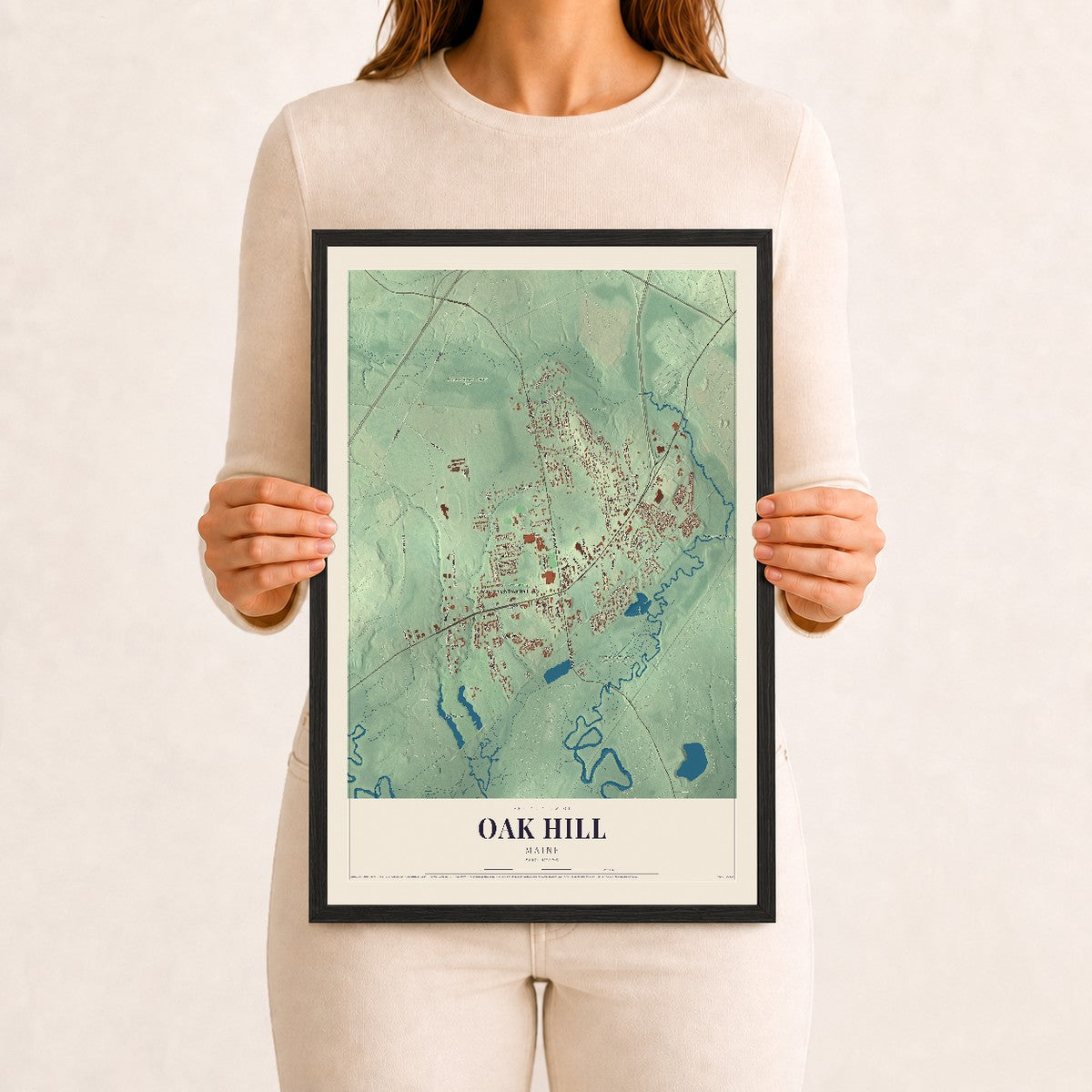 Oak Hill, Maine map print - 12 x 18 black Ayous wood frame