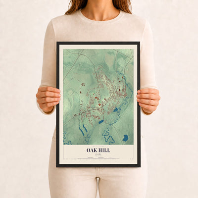 Oak Hill, Maine map print - 12 x 18 black Ayous wood frame