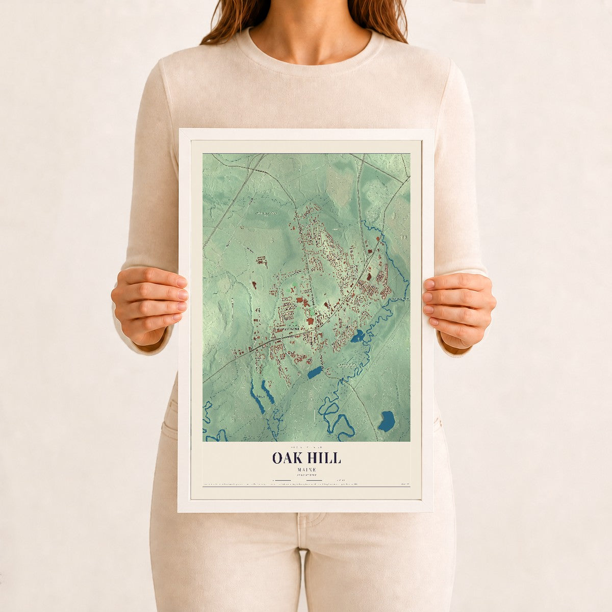 Oak Hill, Maine map print - 12 x 18 white Ayous wood frame