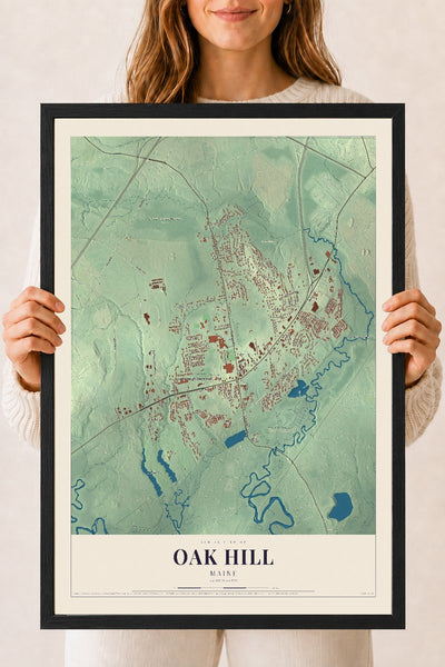 Oak Hill, Maine map print - 18 x 24 black Ayous wood frame