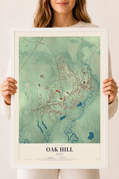 Oak Hill, Maine map print - 18 x 24 white Ayous wood frame